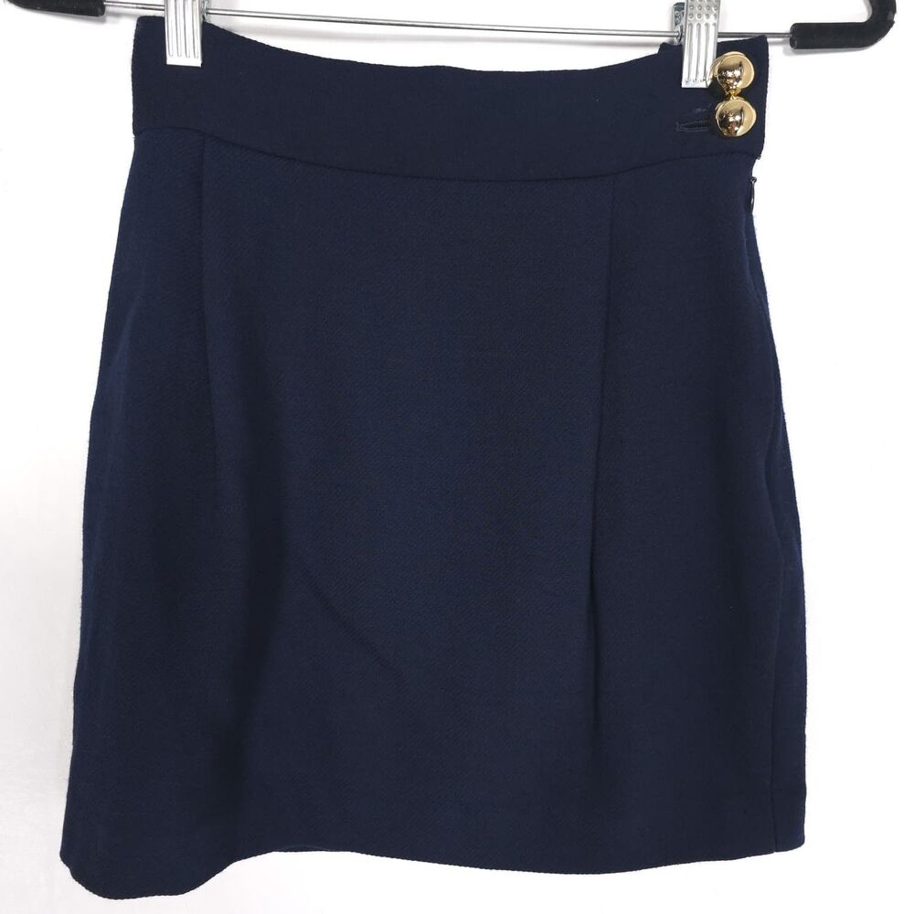 COACH Est.1941 Women's Mini Skirt 2 Wool Blend Navy Gold Button Side Zip Lined